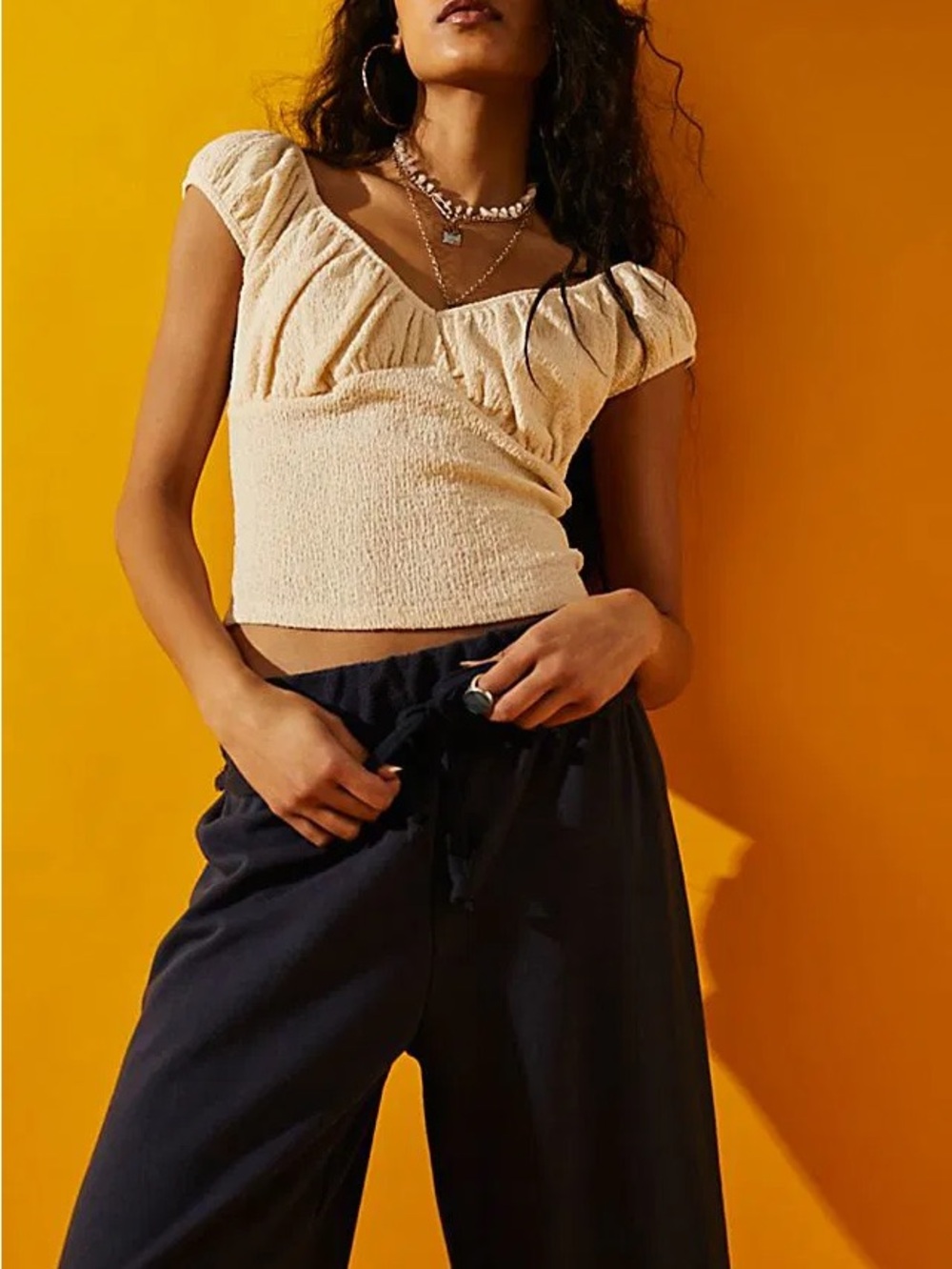 Free People Cream Smocked V-Neck Crop Top